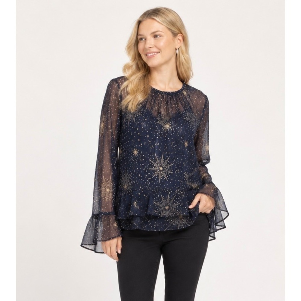 LOFT Celestial Shimmer Ruffle Peplum Blouse Bell Sleeve Gold Metallic Sheer